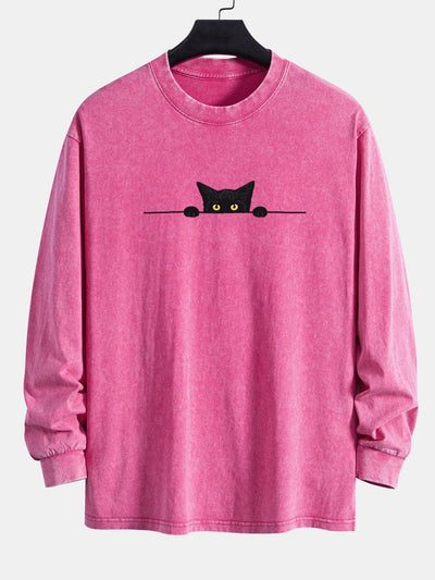 Black Cat Print Relax Fit Long Sleeve Washed Distressed T-Shirt