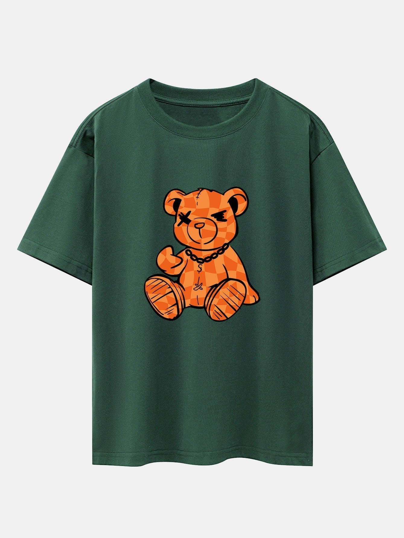 Orange Stitching Bear Print Drop Shoulder Oversize T-Shirt