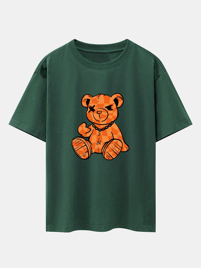 Orange Stitching Bear Print Drop Shoulder Oversize T-Shirt