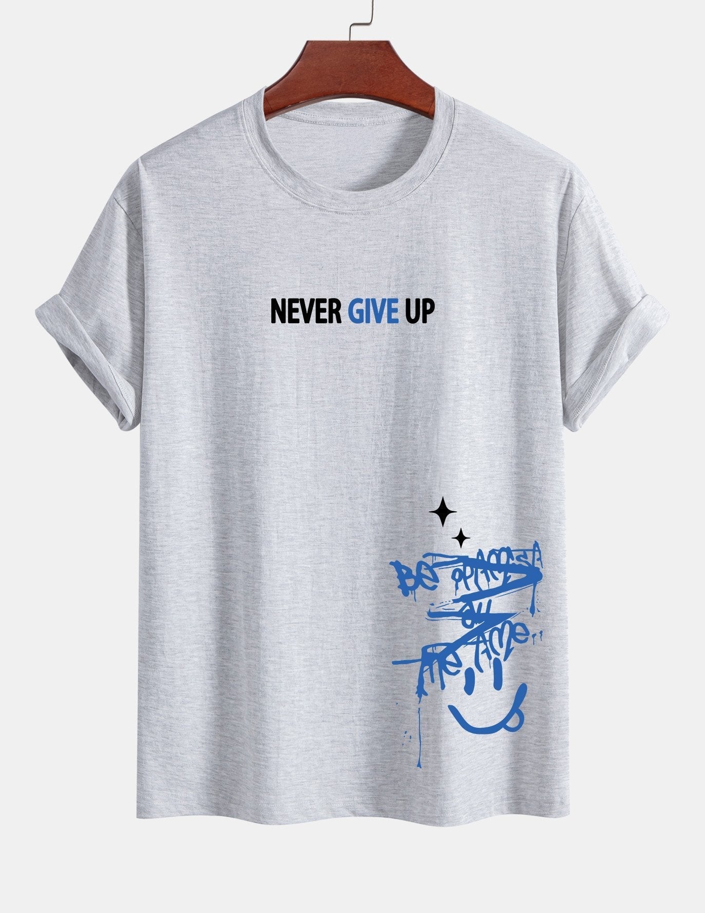 Regular Fit Never Give Up Smiley Face Print Cotton T-Shirt
