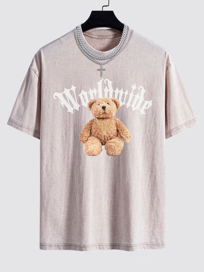 Bear Print Washed Drop Shoulder Oversize T-Shirt