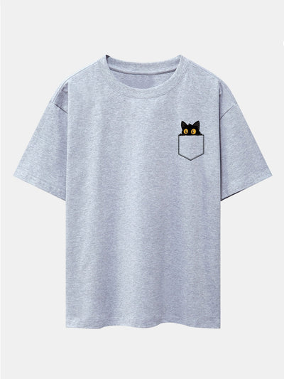 Pocket Black Cat Print Drop Shoulder Oversize T-Shirt