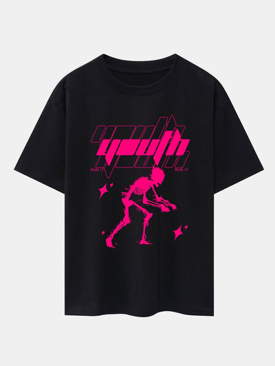 Pink Skeleton Print Drop Shoulder Oversize T-Shirt