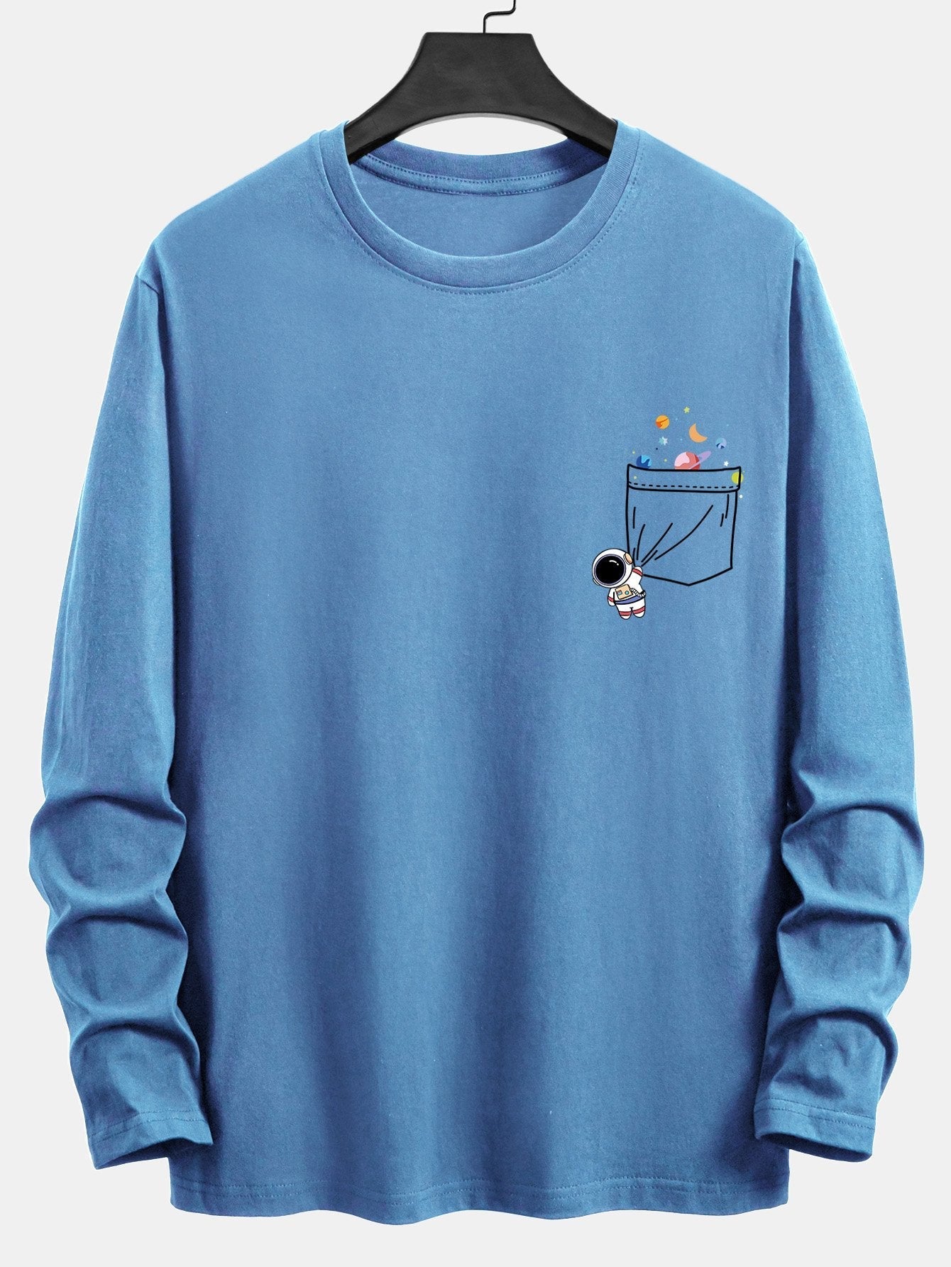 Long Sleeve Pocket Planet Astronaut Print Cotton T-Shirt