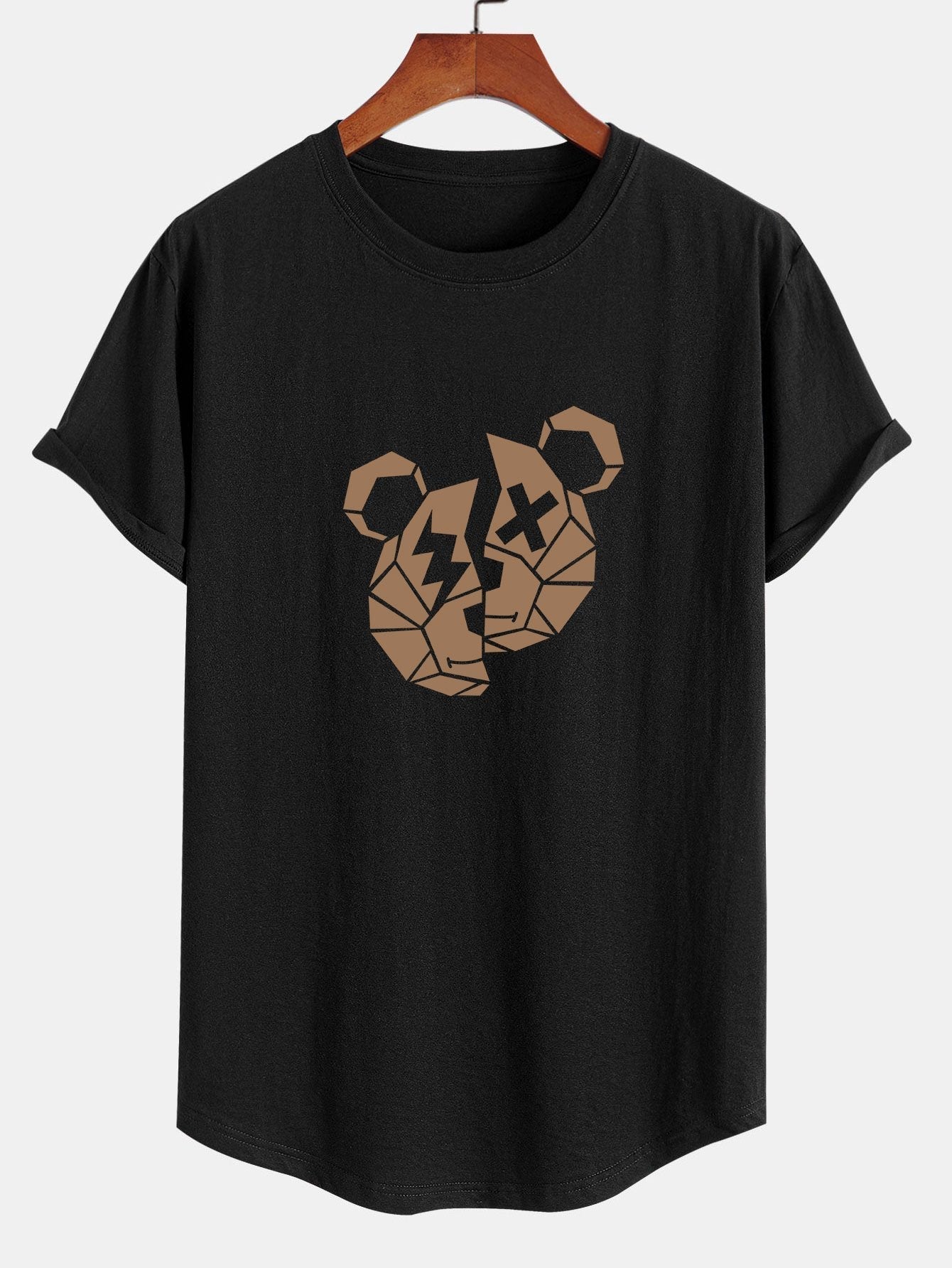 Geometric Bear Print Cotton Arc Hem T-Shirt