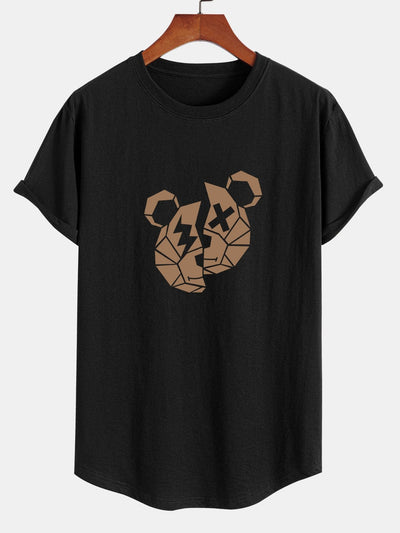 Geometric Bear Print Cotton Arc Hem T-Shirt