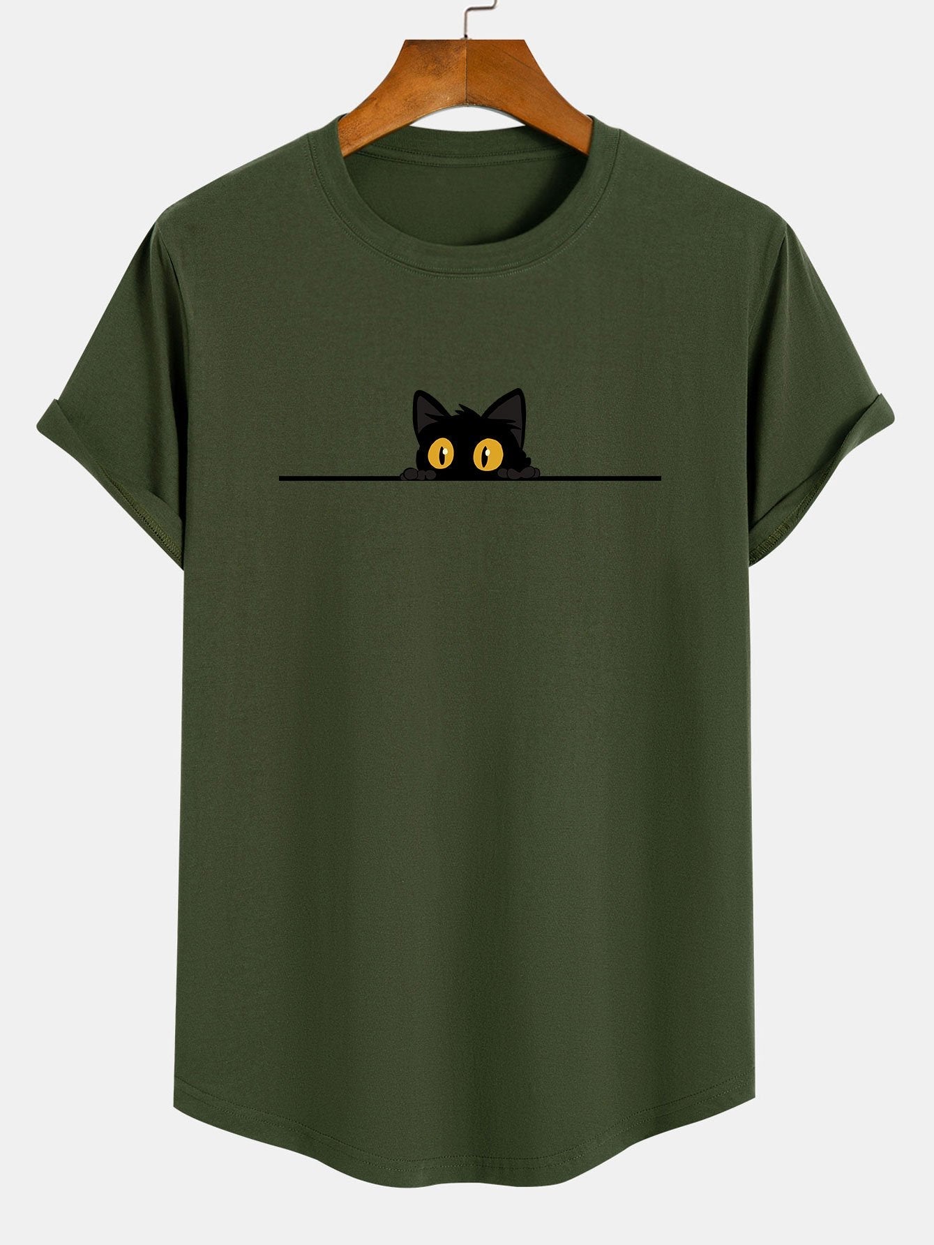 Black Cat Print Cotton Arc Hem T-Shirt