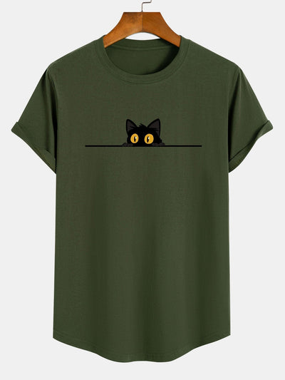Black Cat Print Cotton Arc Hem T-Shirt