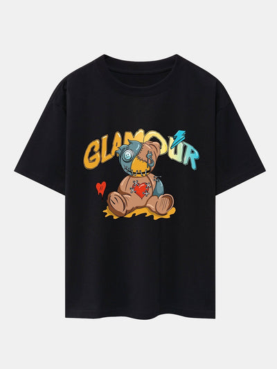 Patched Bear Print Drop Shoulder Oversize T-Shirt