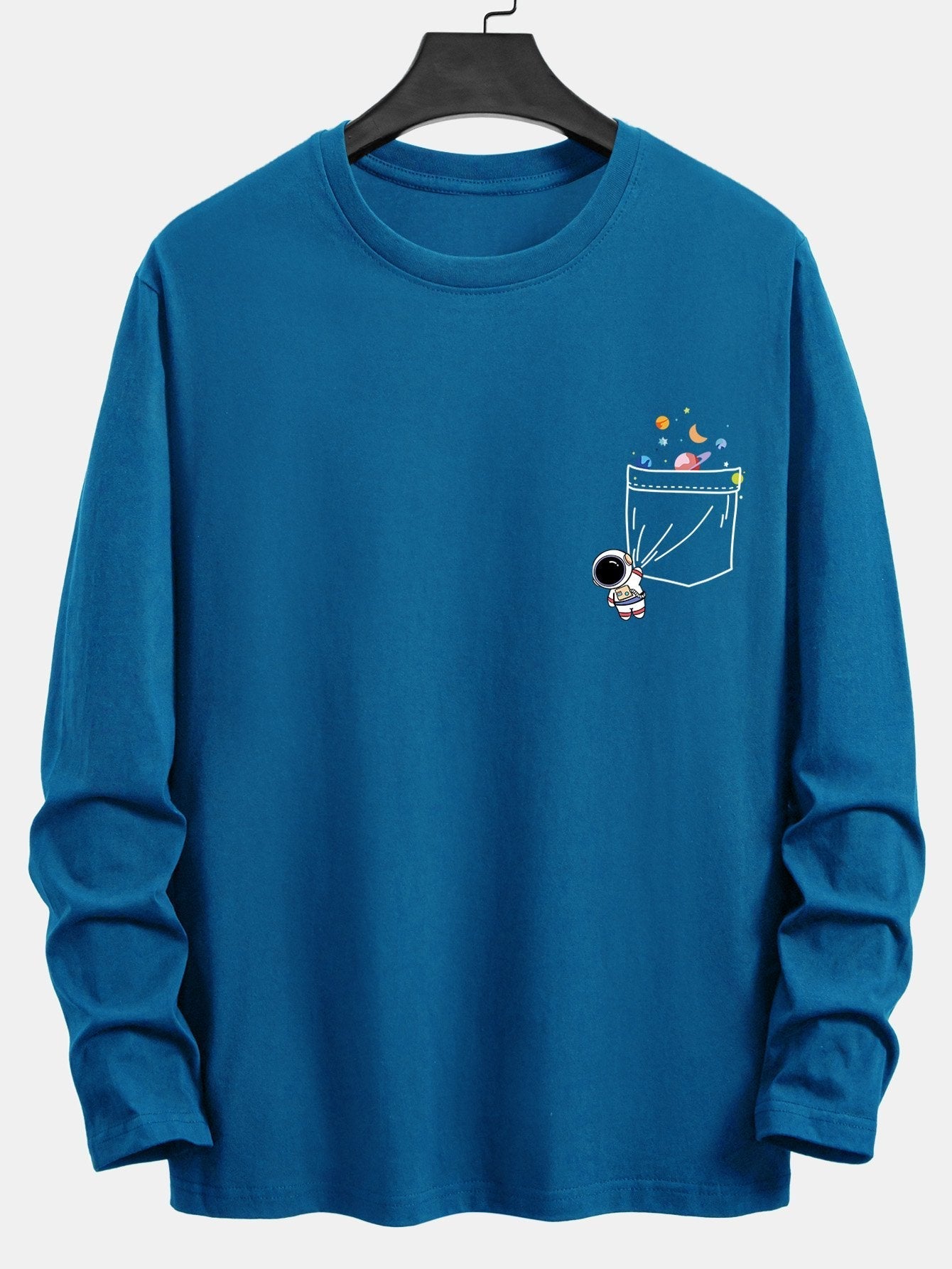 Long Sleeve Pocket Planet Astronaut Print Cotton T-Shirt