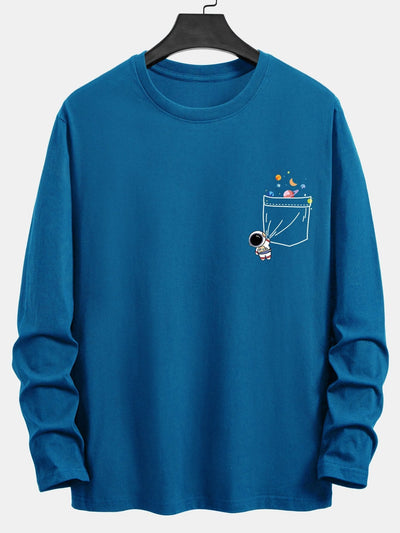 Long Sleeve Pocket Planet Astronaut Print Cotton T-Shirt
