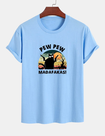 Regular Fit PEW PEW MADAFAKAS Black Cat Print Cotton T-Shirt
