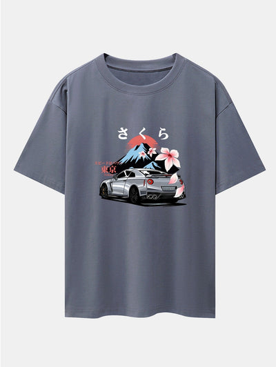 Tokyo Cherry Blossoms Car Print Drop Shoulder Oversize T-Shirt