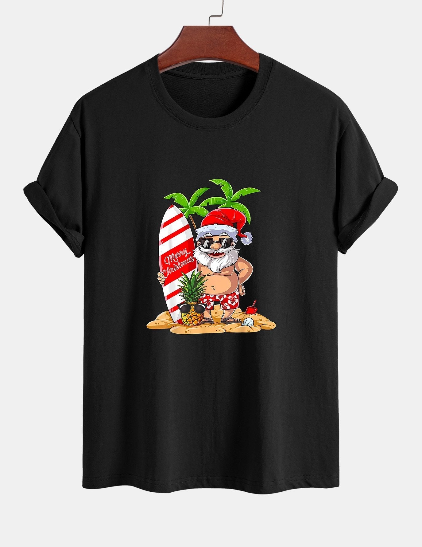 Regular Fit Summer Beach Santa Print Cotton T-Shirt