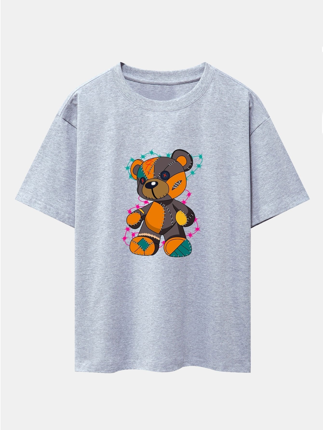 Tattered Bear Print Drop Shoulder Oversize T-Shirt