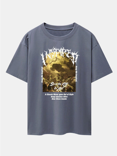 Slogan Oil Painting Print Drop Shoulder Oversize T-Shirt