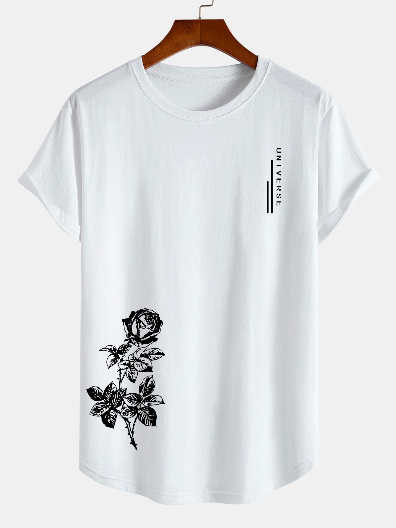 Flower Slogan Print Cotton Arc Hem T-Shirt