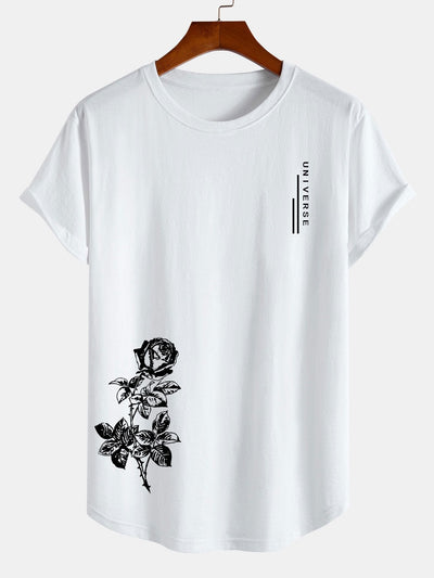 Flower Slogan Print Cotton Arc Hem T-Shirt