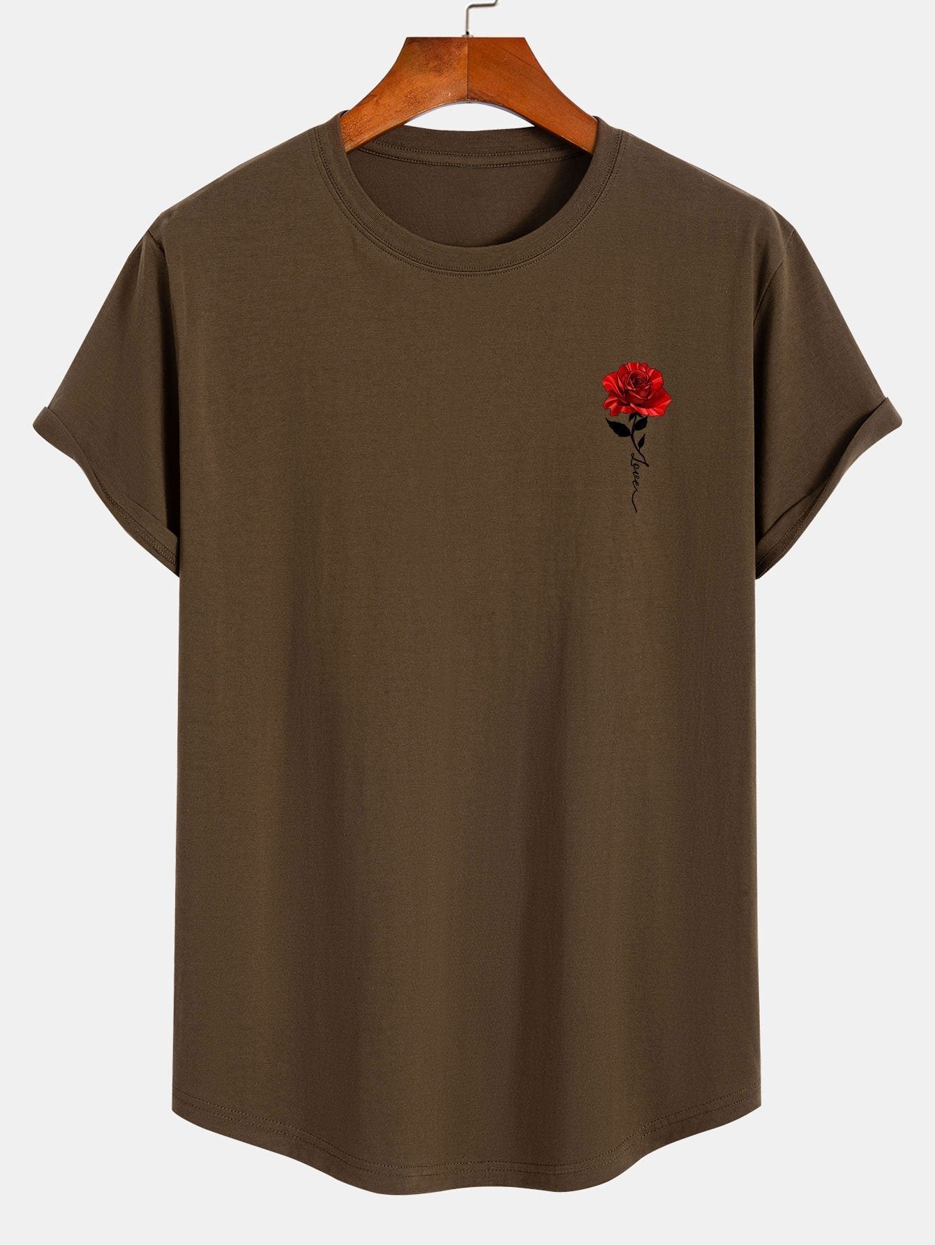 Rose Print Cotton Arc Hem T-Shirt