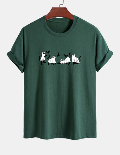 Regular Fit Black Cat Ghost Print Cotton T-Shirt