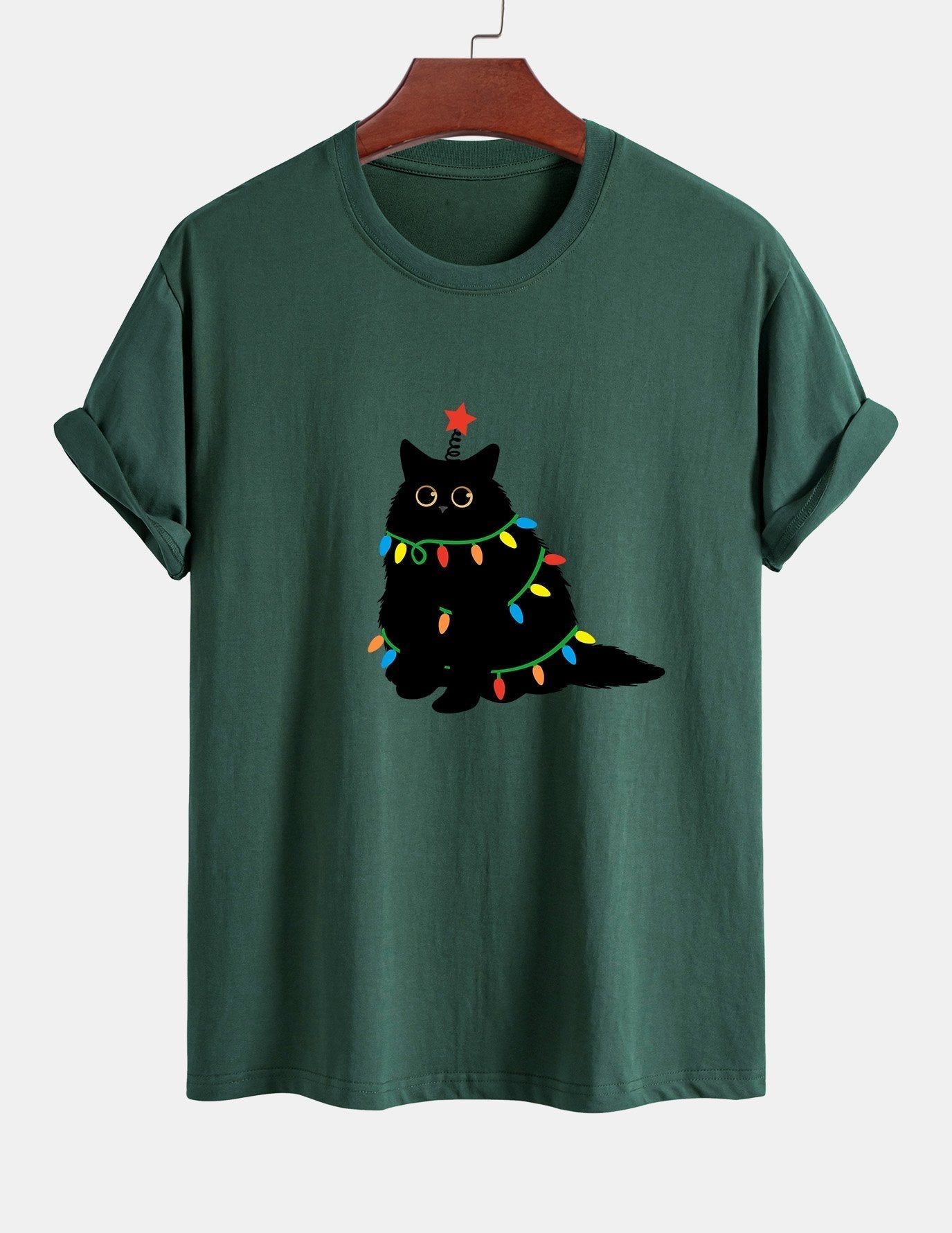 Regular Fit Colorful Light Black Cat Print Cotton T-Shirt