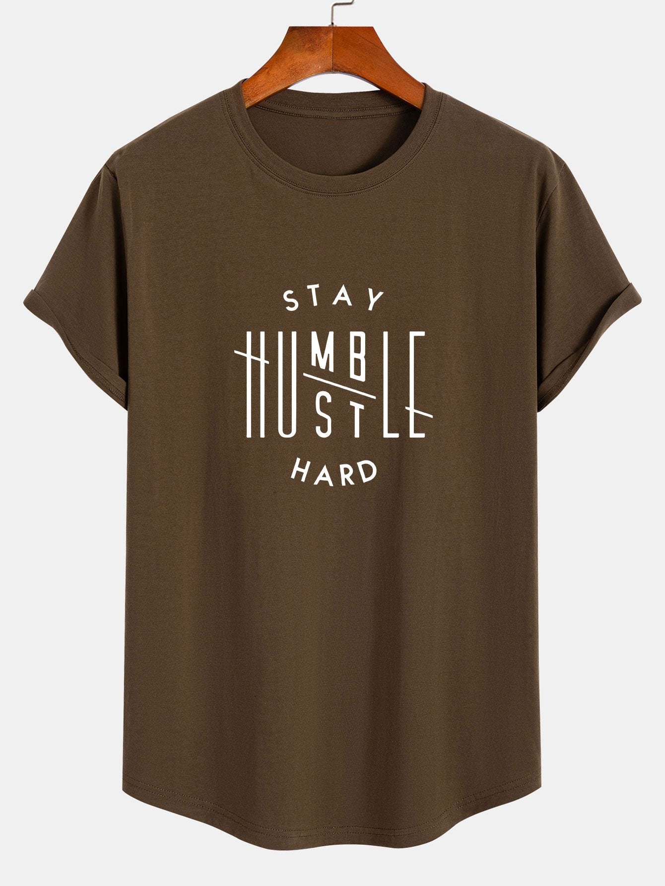 Stay Humble Hustle Hard Print Cotton Arc Hem T-Shirt