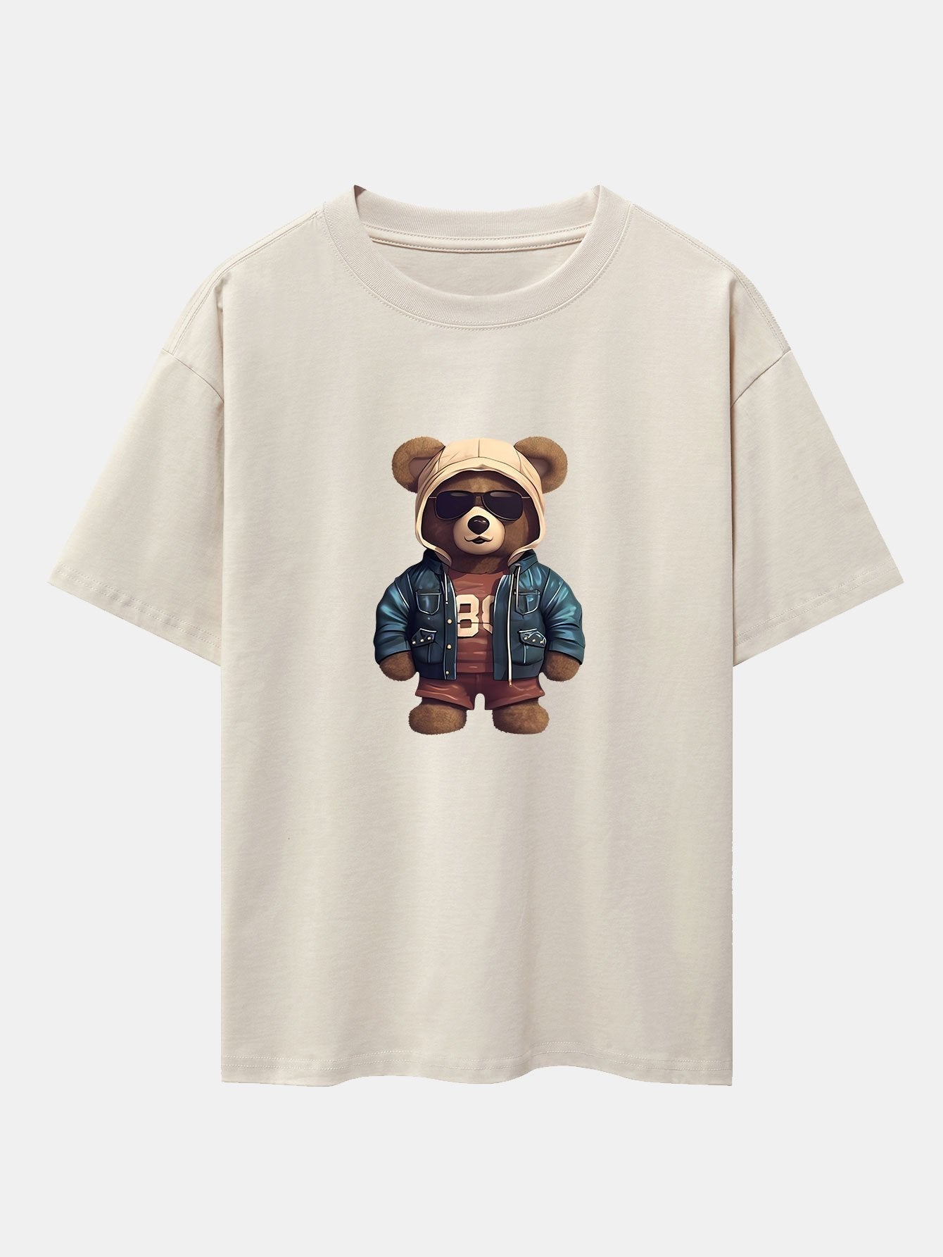 Bear In Leather Jacket Print Drop Shoulder Oversize T-Shirt