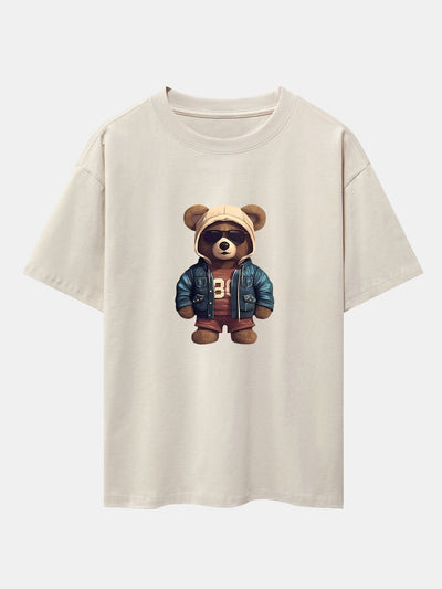 Bear In Leather Jacket Print Drop Shoulder Oversize T-Shirt