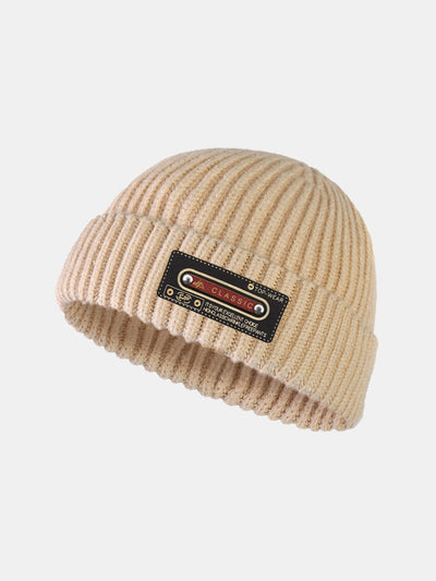 Solid Color Slogan Patch Knit Beanie Hat