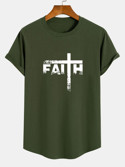 Faith Cross Print Cotton Arc Hem T-Shirt