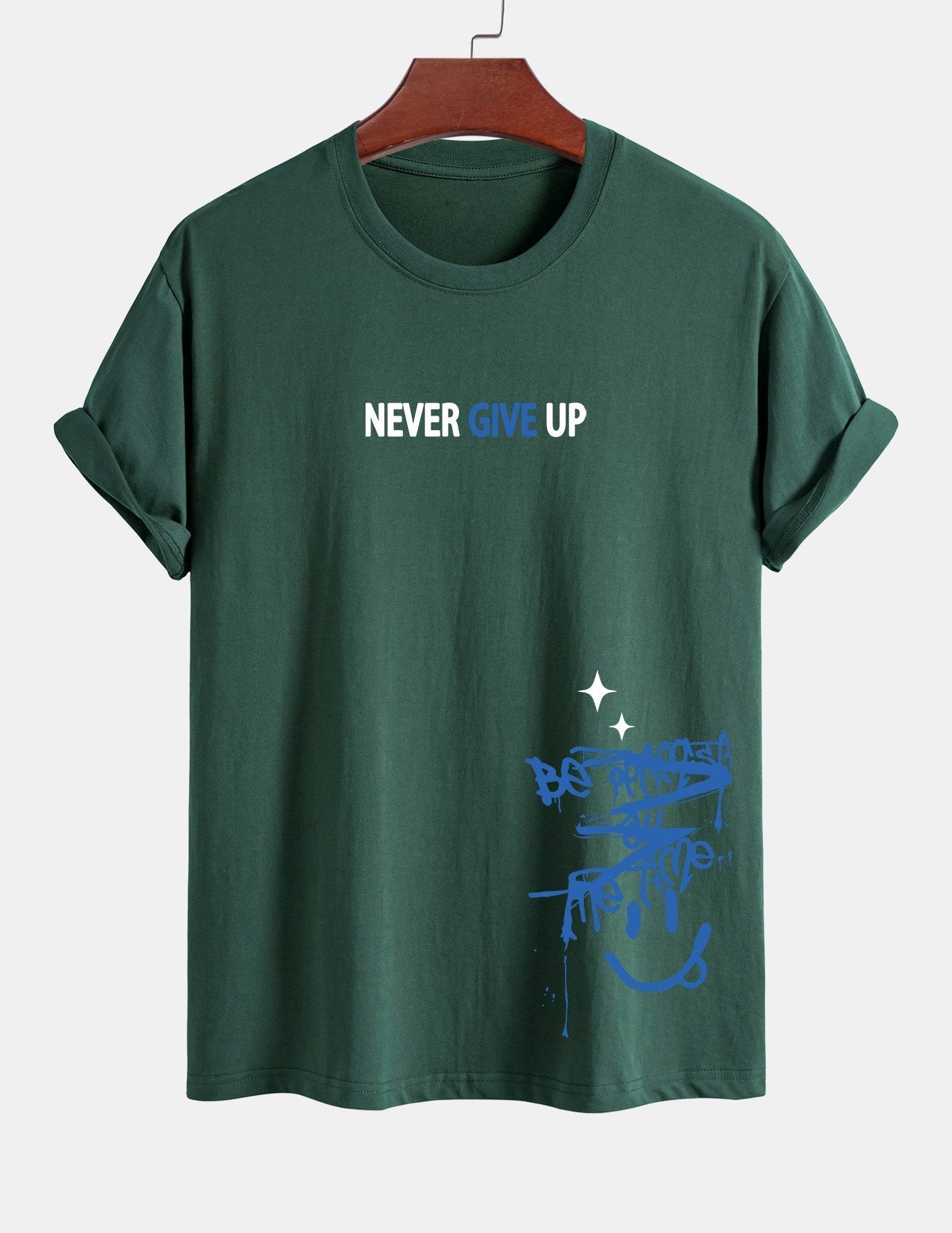 Regular Fit Never Give Up Smiley Face Print Cotton T-Shirt