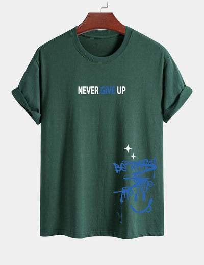 Regular Fit Never Give Up Smiley Face Print Cotton T-Shirt