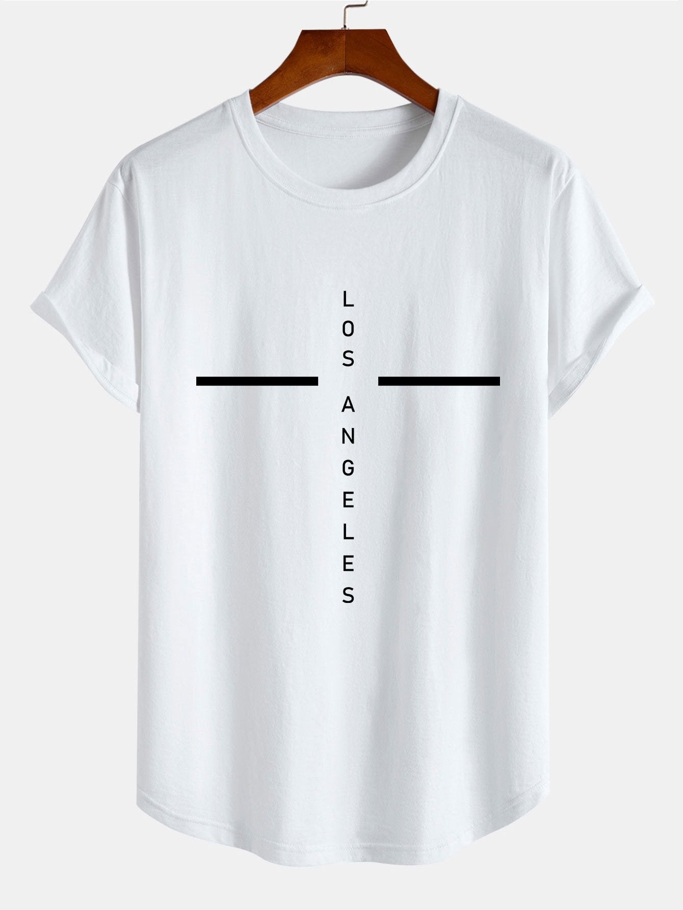 Stripe Los Angeles Print Cotton Arc Hem T-Shirt