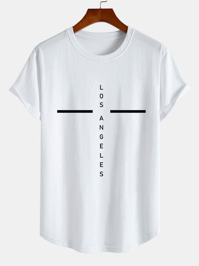 Stripe Los Angeles Print Cotton Arc Hem T-Shirt