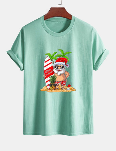 Regular Fit Summer Beach Santa Print Cotton T-Shirt