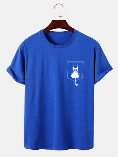 Cat Slipping Out Of Pocket Print T-Shirt