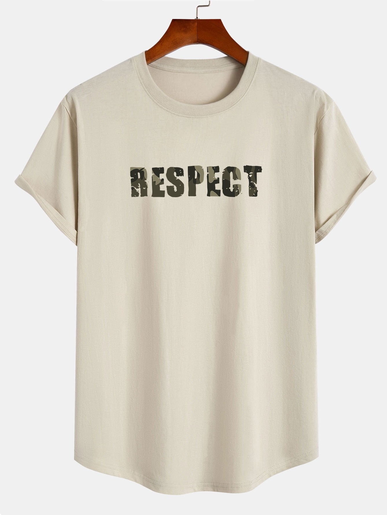 Camouflage Respect Print Cotton Arc Hem T-Shirt