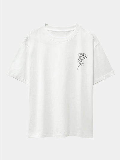 Simple Rose Print Drop Shoulder Oversize T-Shirt