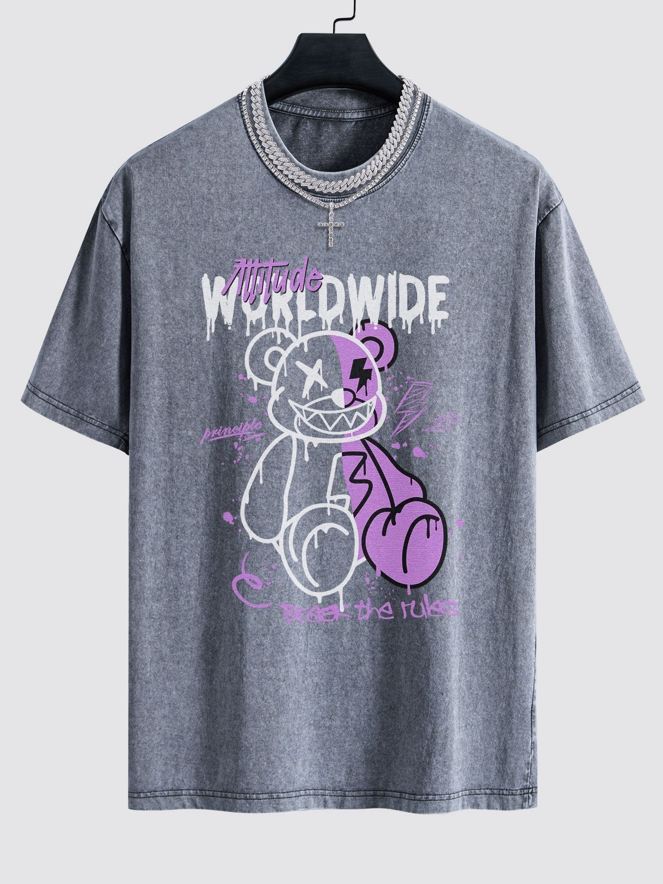 Dissolving Bear Print Washed Drop Shoulder Oversize T-Shirt