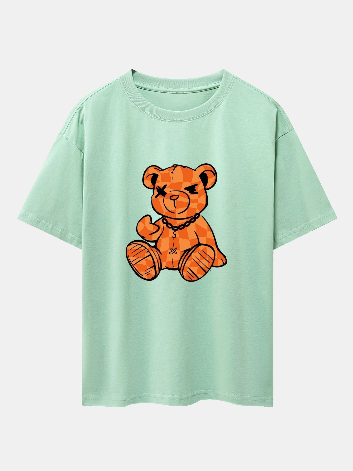 Orange Stitching Bear Print Drop Shoulder Oversize T-Shirt