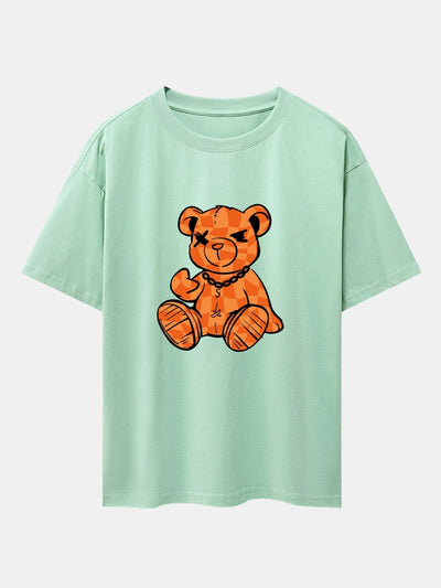 Orange Stitching Bear Print Drop Shoulder Oversize T-Shirt