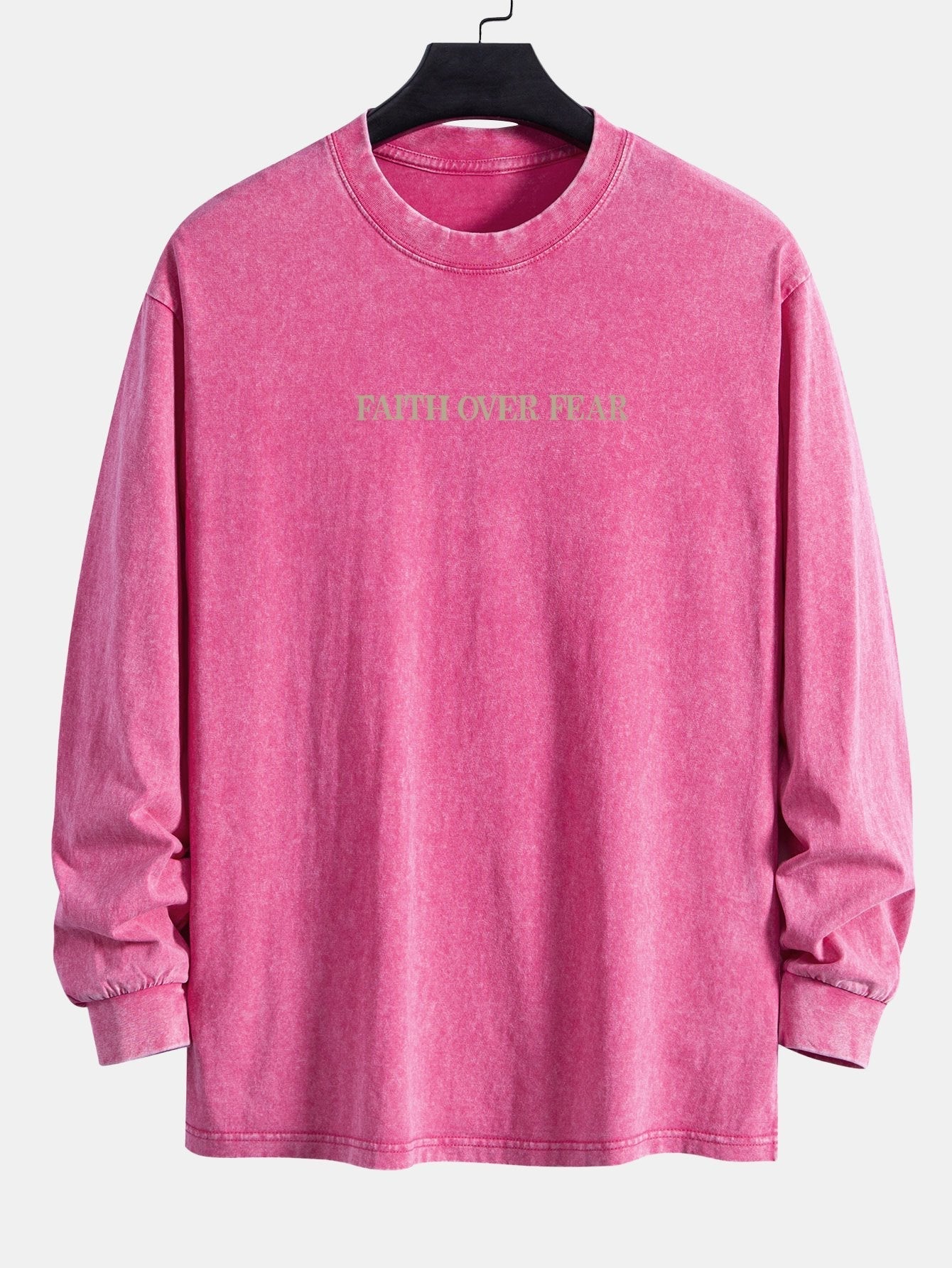 Faith Over Fear Print Relax Fit Long Sleeve Washed Distressed T-Shirt