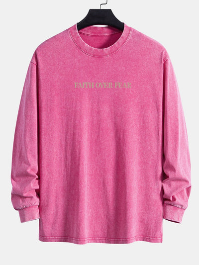 Faith Over Fear Print Relax Fit Long Sleeve Washed Distressed T-Shirt
