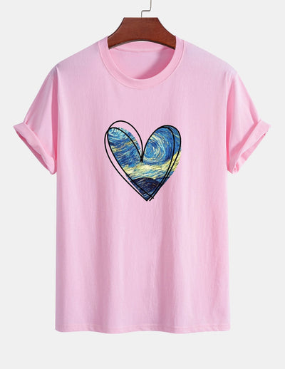 Regular Fit Starry Sky Heart Print Cotton T-Shirt