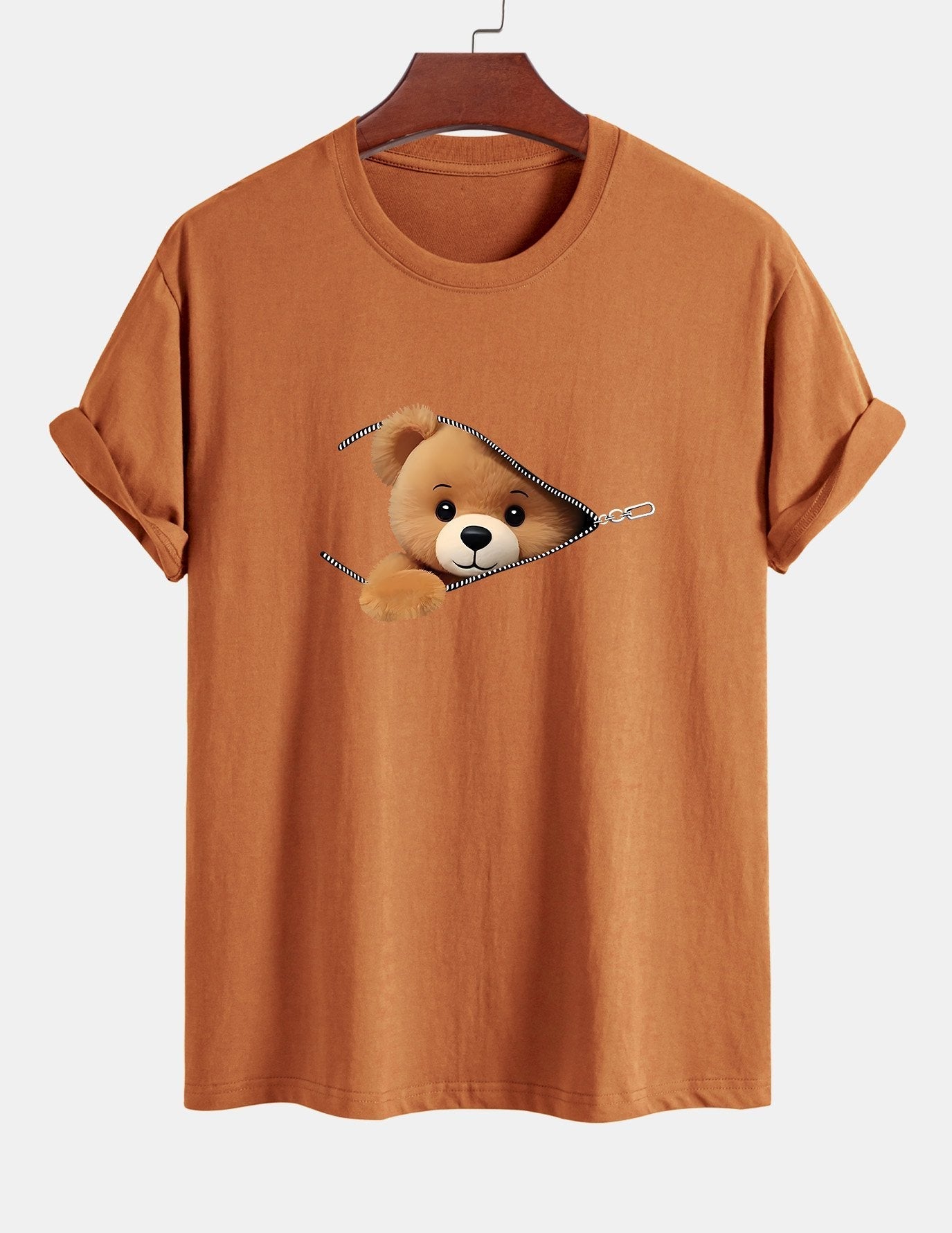 Regular Fit Zipper Bear Print Cotton T-Shirt