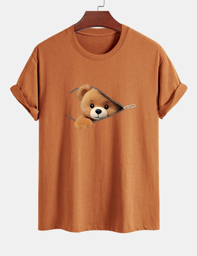 Regular Fit Zipper Bear Print Cotton T-Shirt