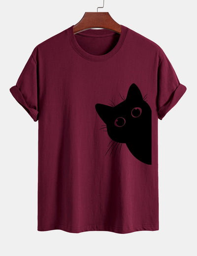 Regular Fit Black Cat Looking Out Print Cotton T-Shirt