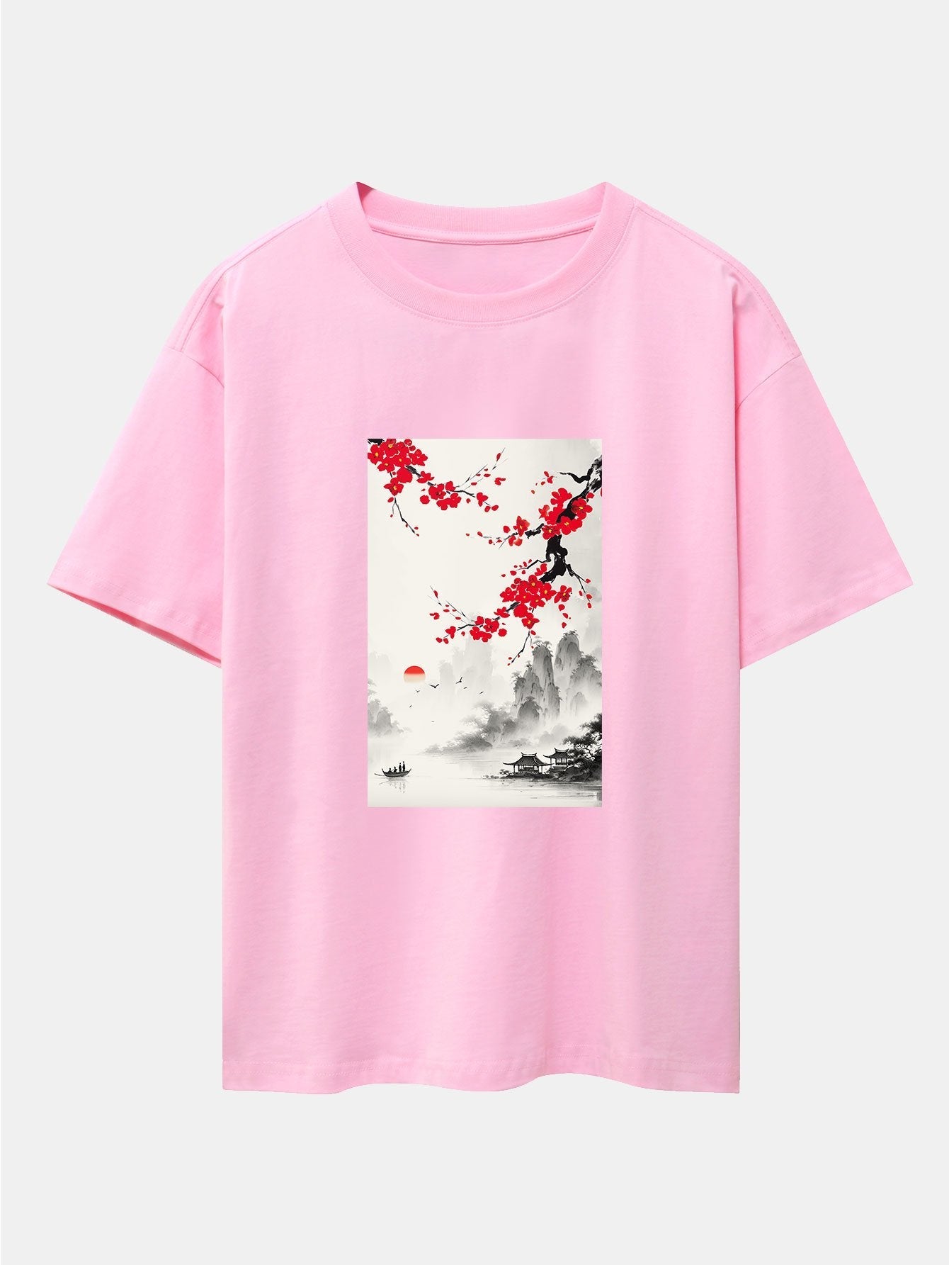 Flower Ink Landscape Print Drop Shoulder Oversize T-Shirt