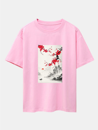Flower Ink Landscape Print Drop Shoulder Oversize T-Shirt