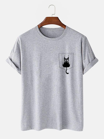 Cat Slipping Out Of Pocket Print T-Shirt